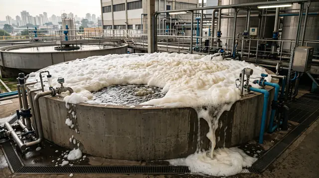 Tanque de efluente com formação de espuma
