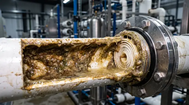 Membrana com biofilme e crescimento microbiológico