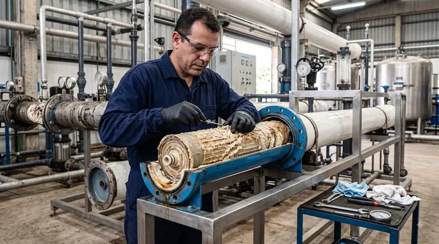 Técnico inspecionando membrana de osmose reversa